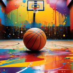 basketball sitting on court with paint splashes all around