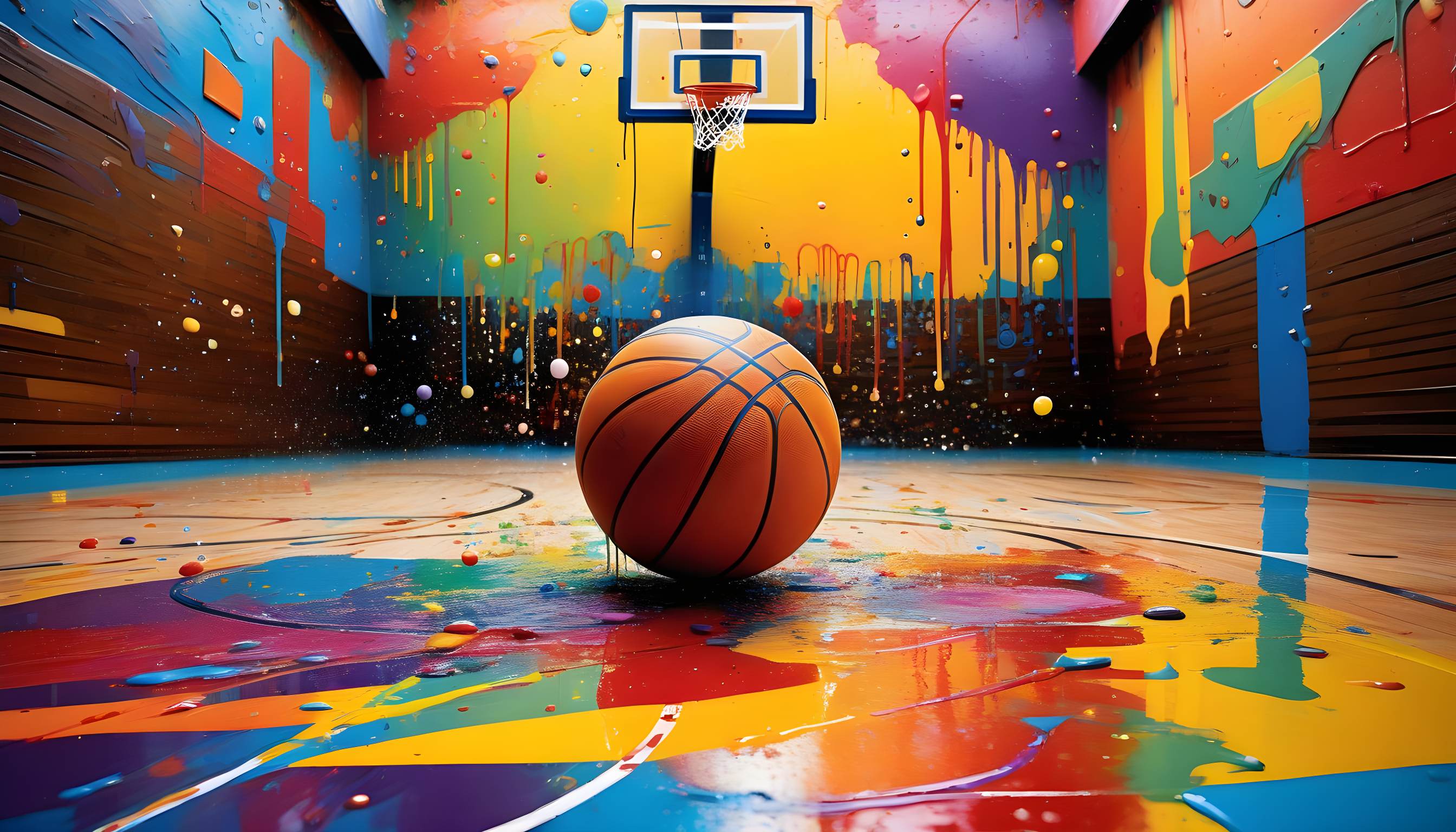 basketball sitting on court with paint splashes all around