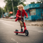 Blond haired boy on a red scooter